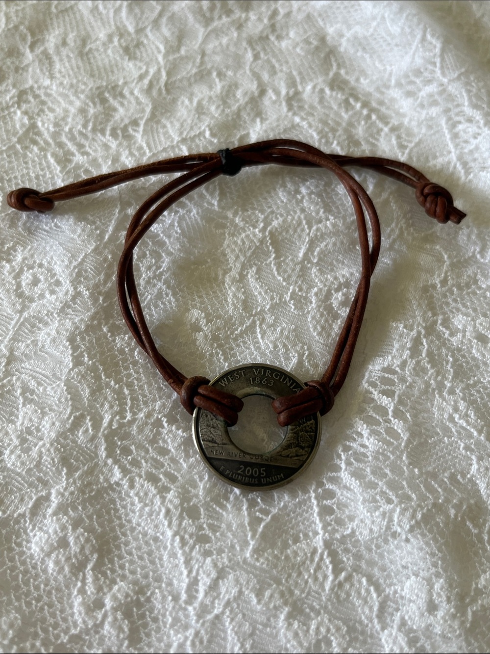 Handmade Brown Leather Bracelet with West Virginia Coin Charm